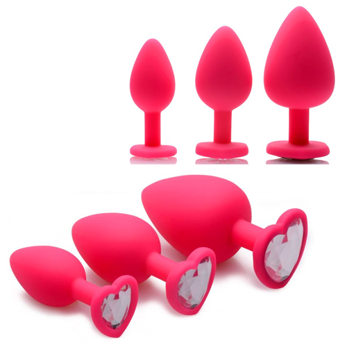 Hearts 3 Piece Silicone Anal Plugs with Gem Accents アクセサリー付き3サイズセットアナルプラグ ピンク