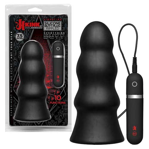 Kink Vibrating Silicone Butt Plug Rippled 7.5 Black